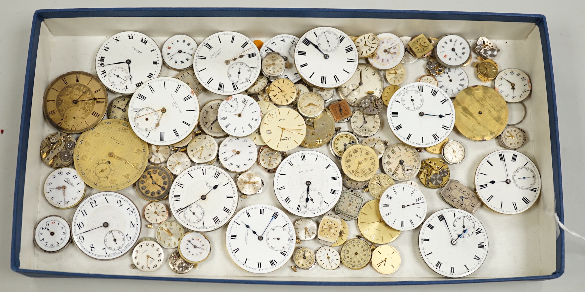 A group of assorted wrist watch pocket watch movements.